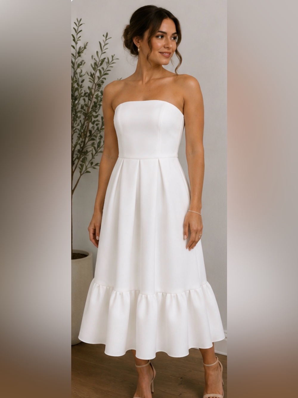 ASOS Strapless White Midi Dress with Ruffle Hem